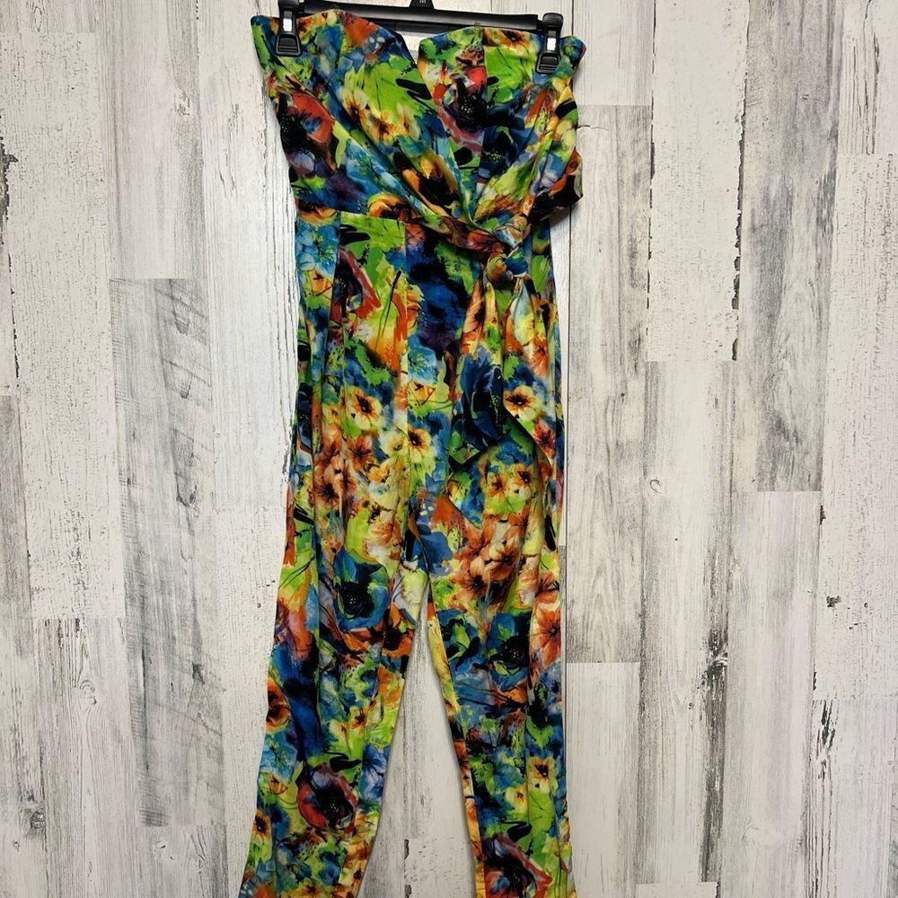 ICY Fashion Strapless Floral Jumpsuit Wide Leg Tie Front Multicolor Size Small